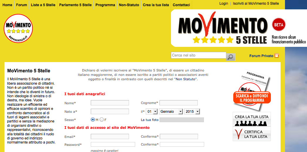 il sito di M5S Roma, pagina per iscrizione