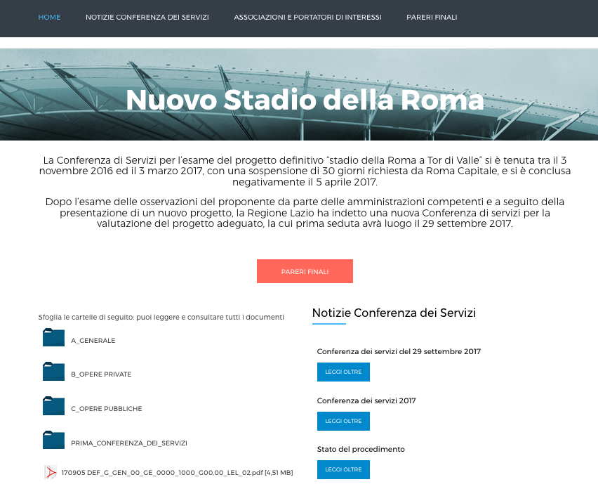 home page sito regione stadio Schermata 2017-10-06 alle 23.19.41