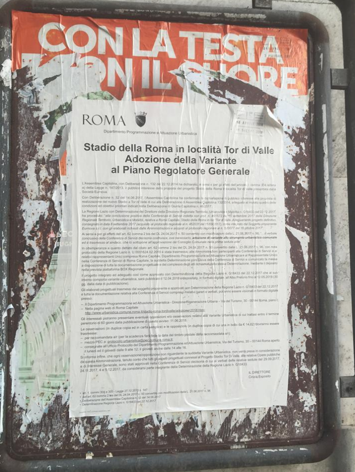 uno dei rarissimi manifesti affisso in occasione della pubblicazione della Varaiante urbanistica per lo stadio (Foto AMBM)